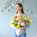 Букет с гортензией, розой, каллой, тюльпанами "Солнечная энергия весны"