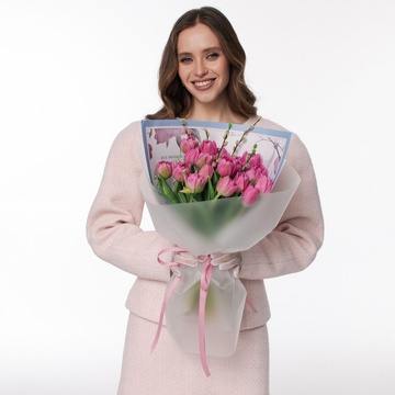 Букет 21 рожевий дабл тюльпан