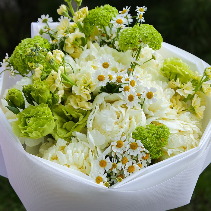 Букет з півоніями, ромашкою, матіолою, еустомою "Свіжий подих"