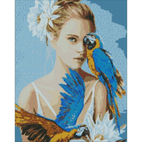 Алмазная мозаика "Девушка с голубыми попугаями"
